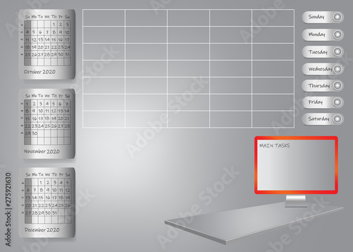 Weekly planner for fourth quarter of 2020 year with PC screen