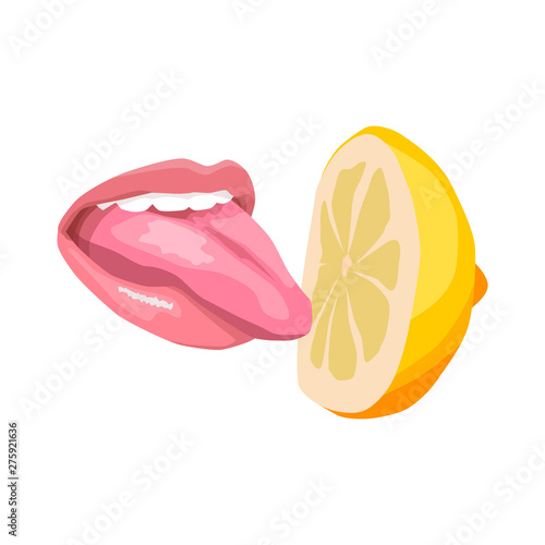 sexy women's tongue licks or tastes lemon. Attractive female mouth. print for T-shirt or tattoo. isolated on white background
