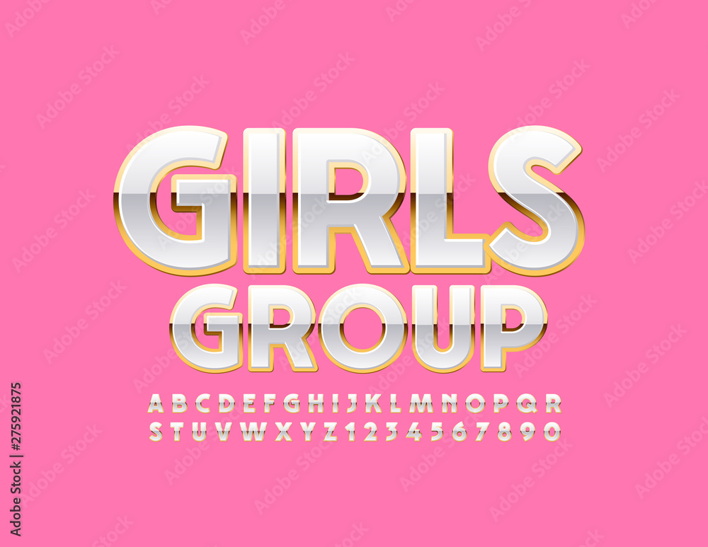 Vector glamour sign Girls Group with elite Font. White and Golden shiny Alphabet Letters, Numbers and Symbols