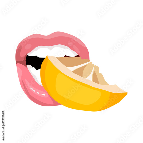 sexy women's mouth tastes lemon. Attractive female lips. print for T-shirt or tattoo. isolated on white background
