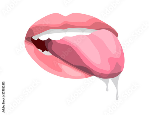 sexy lips. open mouth with tongue.Attractive female mouth with saliva. print for T-shirt or tattoo or mask . isolated on white background