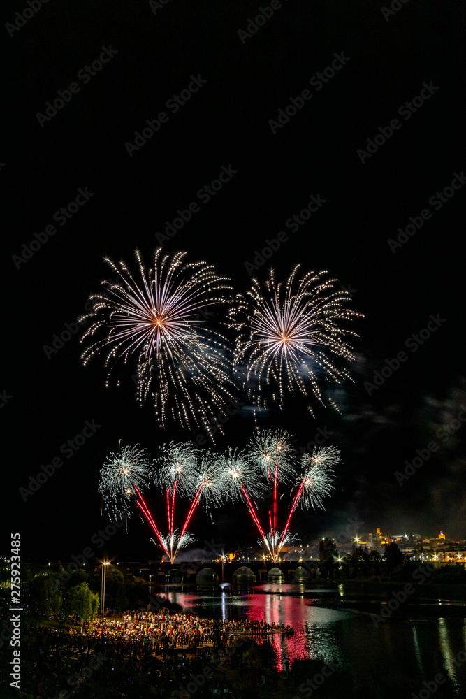 Imagen vertical de mucha gente observando los fuegos artificiales sobre el puente en el río con la ciudad vieja al lado Imagen vertical de mucha gente observando los fuegos artificiales sobre el puente en el río con la ciudad vieja al lado