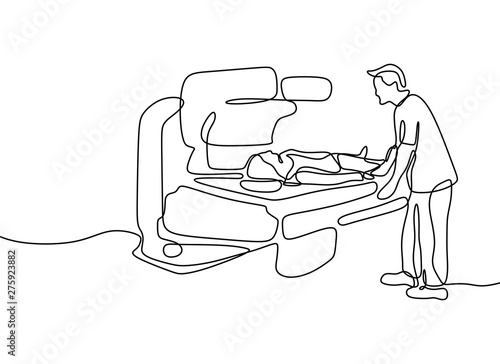 Continuous one line drawing of patent medical check up with xray isolated on white background with minimalism design
