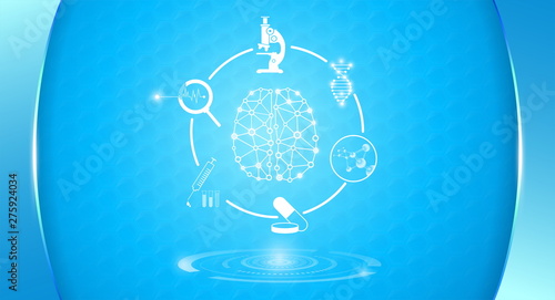 abstract background technology concept in blue light,brain and human body heal ,technology modern medical science in future and global international medical with tests analysis clone DNA human