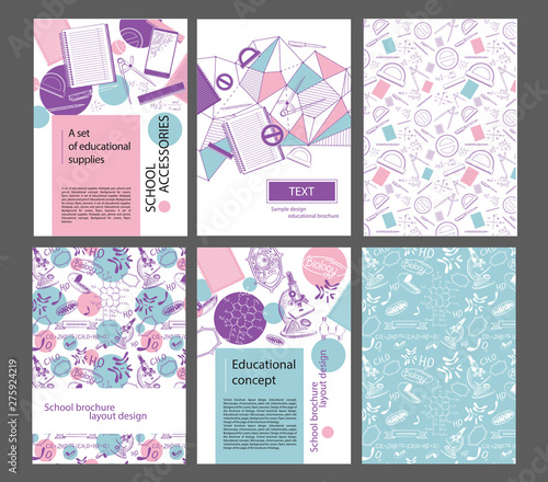 Design layout of the school brochure. Pages, protractor, pen, trigonometric functions microscopes, mitochondria. Set of school banners.