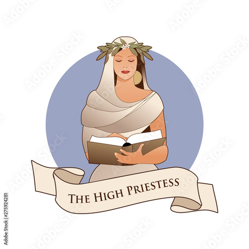 Major Arcana Emblem Tarot Card. The High Priestess with a laurel wreath reading a book isolated on white background