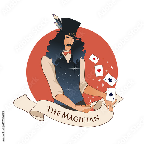 Major Arcana Emblem Tarot Card. The Magician with mustache and top hat, holding a magic wand doing magic with playing cards, isolated on white background