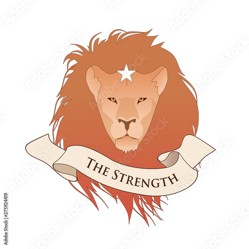 Major Arcana Emblem Tarot Card. The Strength. Lion head whith star, isolated on white background