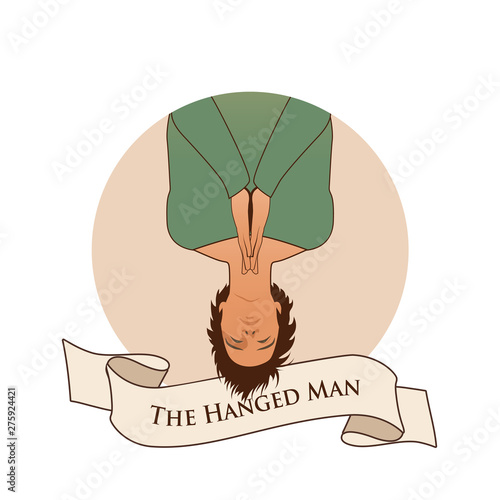 Major Arcana Emblem Tarot Card. The Hanged Man. Man hanging ace down,  with praying hands, isolated on white background