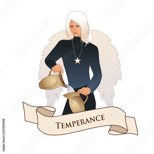 Major Arcana Emblem Tarot Card. Temperance. Angel with appearance and clothes of young man, great wings, hair fair, pouring water from one jug to another, isolated on white background