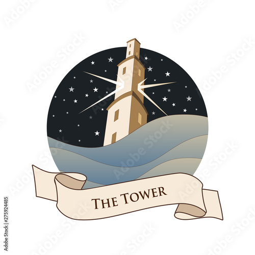Major Arcana Emblem Tarot Card. The Tower. Large tower over raging sea, over a starry night sky, isolated on white background