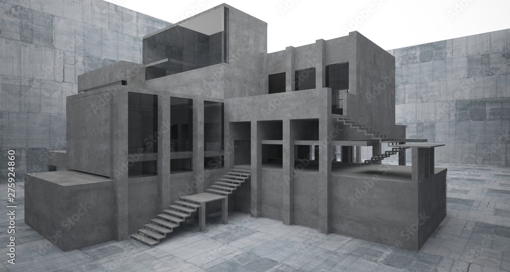 Abstract architectural concrete interior of a minimalist house. 3D illustration and rendering. Abstract architectural concrete interior of a minimalist house. 3D illustration and rendering.