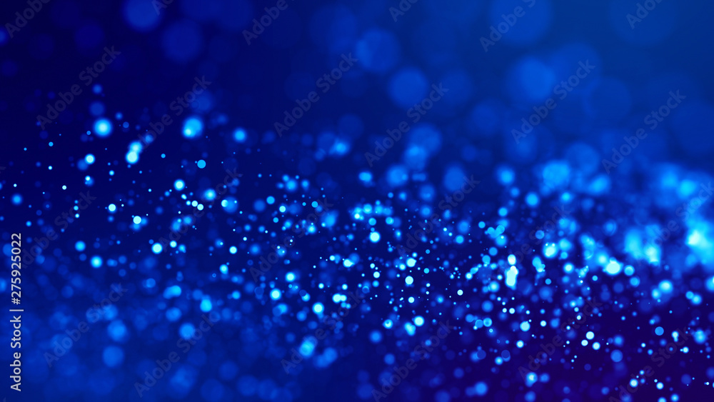 glow blue particles on blue background are hanging in air for bright festive presentation with depth of field and light bokeh effects. Version 5