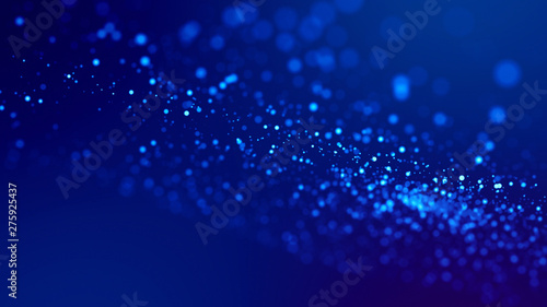 Microcosm. Glow blue particles on blue background are hanging in air for bright festive presentation with depth of field and light bokeh effects. Version 12