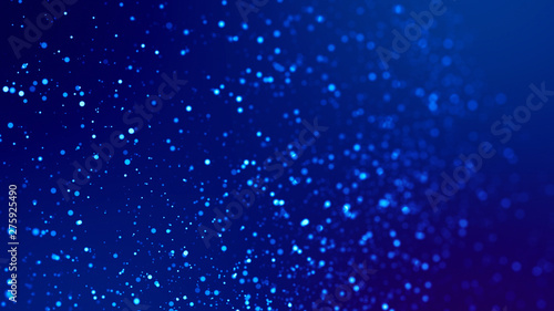 Microcosm. Glow blue particles on blue background are hanging in air for bright festive presentation with depth of field and light bokeh effects. Version 15