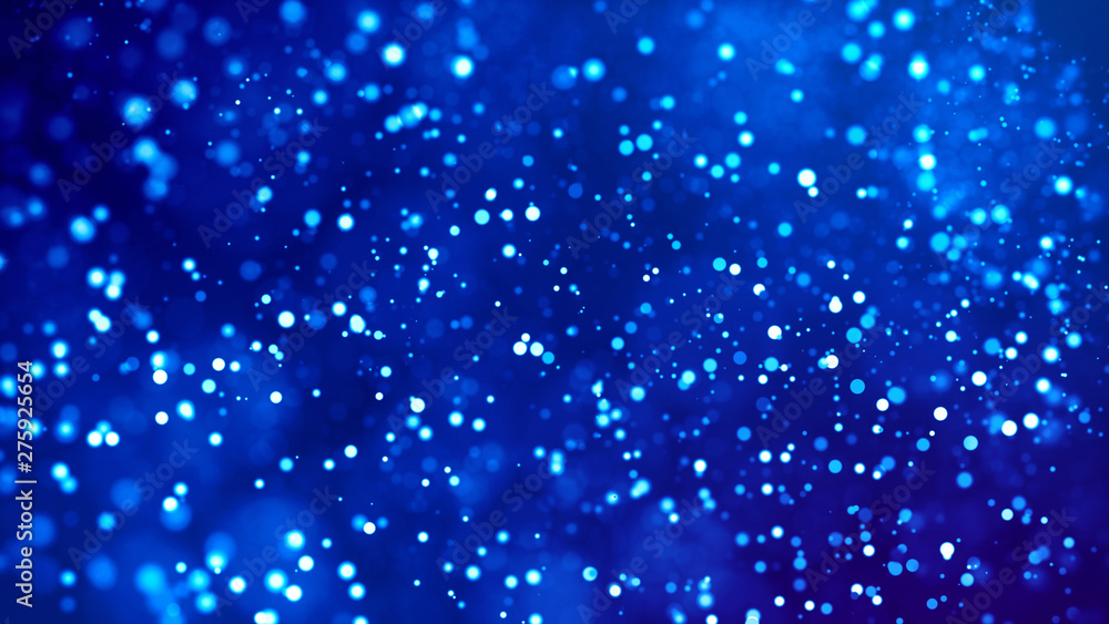 Microcosm. Glow blue particles on blue background are hanging in air for bright festive presentation with depth of field and light bokeh effects. Version 25