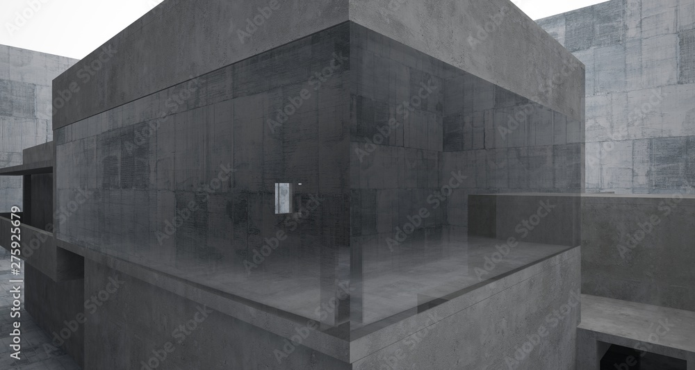 Abstract architectural concrete interior of a minimalist house. 3D illustration and rendering. Abstract architectural concrete interior of a minimalist house. 3D illustration and rendering.
