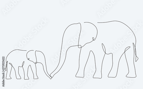 Elephants family african animals line drawing vector illustration