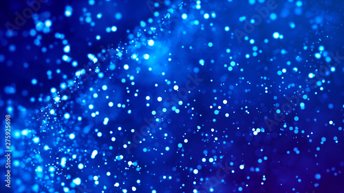 Microcosm. Glow blue particles on blue background are hanging in air for bright festive presentation with depth of field and light bokeh effects. Version 28