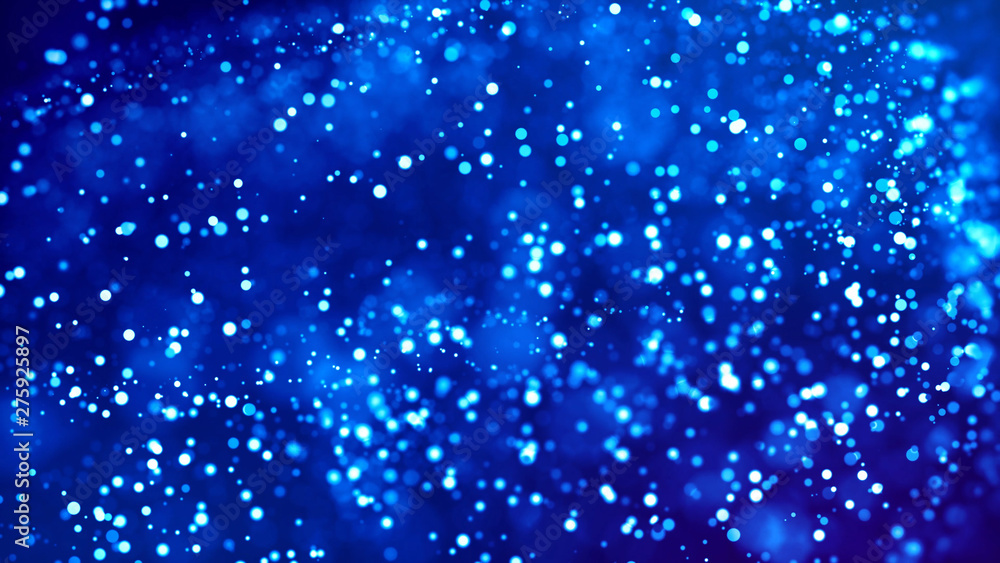 Science fiction. Glow blue particles on blue background are hanging in air for bright festive presentation with depth of field and light bokeh effects. Version 11