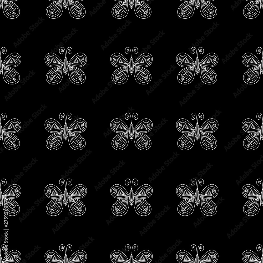 Seamless pattern of butterflies isolated on black background. Hand drawn vector illustration. Outline Seamless pattern of butterflies isolated on black background. Hand drawn vector illustration. Outline