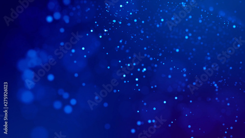 Science fiction. Glow blue particles on blue background are hanging in air for bright festive presentation with depth of field and light bokeh effects. Version 18