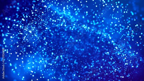 Science fiction. Glow blue particles on blue background are hanging in air for bright festive presentation with depth of field and light bokeh effects. Version 23