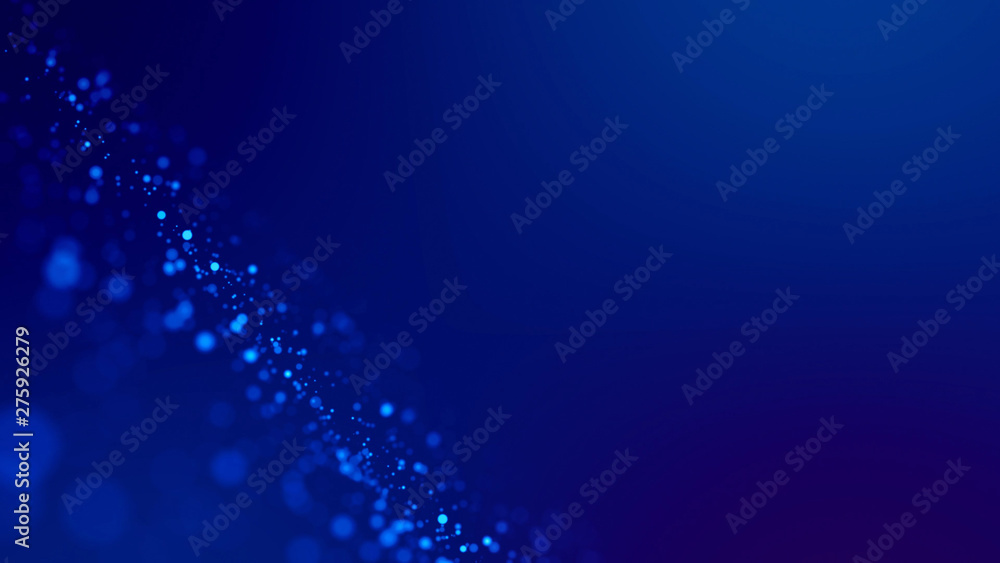 Sci-fi background. Glow blue particles on blue background are hanging in air for bright festive presentation with depth of field and light bokeh effects. Version 7