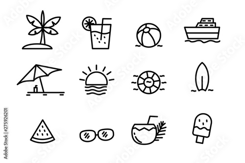 Set of beach and summer related vector illustration with simple line design
