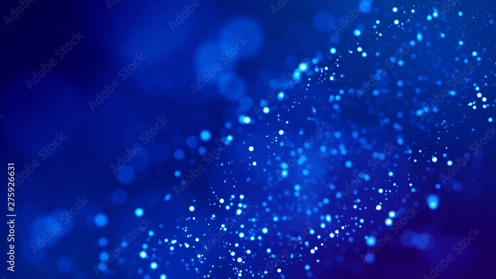Micro world. Glow blue particles on blue background are hanging in air for bright festive presentation with depth of field and light bokeh effects. Version 20