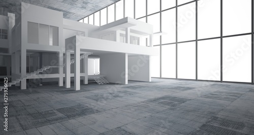 Abstract architectural white interior of a minimalist house with concrete background . 3D illustration and rendering.