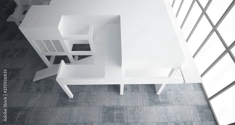 Abstract architectural white interior of a minimalist house with concrete background . 3D illustration and rendering. Abstract architectural white interior of a minimalist house with concrete background . 3D illustration and rendering.