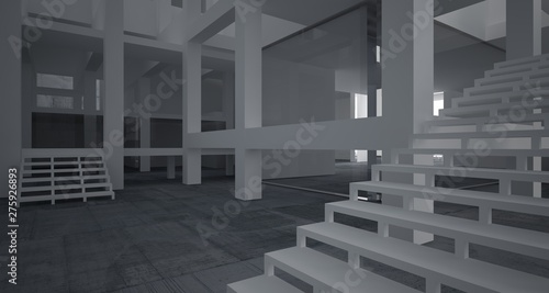 Abstract architectural white interior of a minimalist house with concrete background . 3D illustration and rendering.