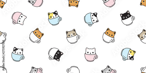 Fototapeta cat seamless pattern vector kitten coffee cup calico breed scarf isolated cartoo