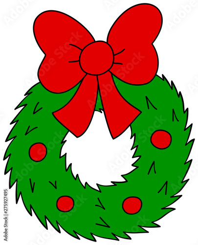 Christmas wreath with red bow. Cartoon vector illustration.