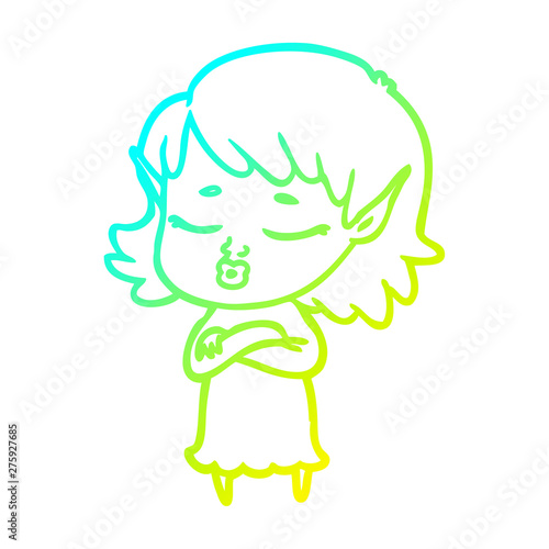 cold gradient line drawing pretty cartoon elf girl with corssed arms