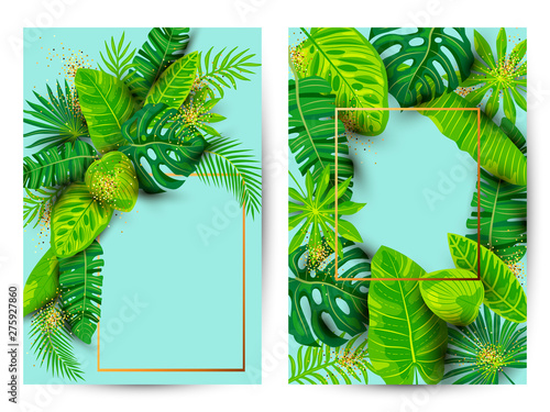 Green summer tropical background set with exotic leaves. Place for text. Vector illustration for poster, web, flyer, party invitation, sale, ecological concept.