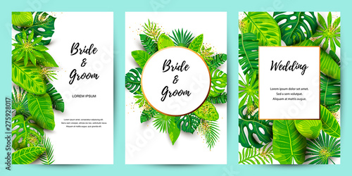 Wedding invitation set with exotic jungle leaves. Vector illustration tropical template. Place for text. Great for flyer, party invitation, ecological concept, wedding. Save the date card.