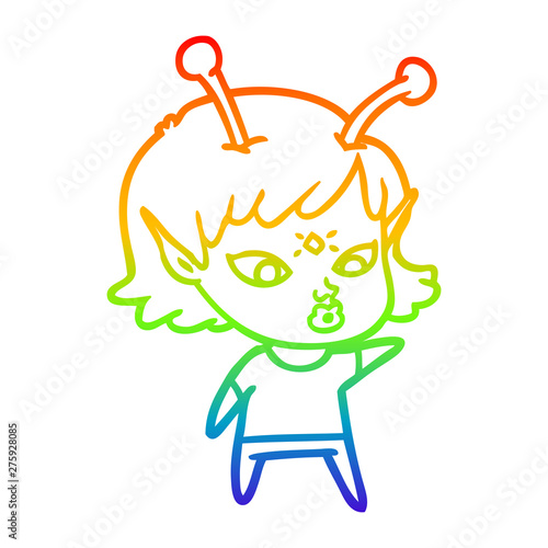 rainbow gradient line drawing pretty cartoon alien girl