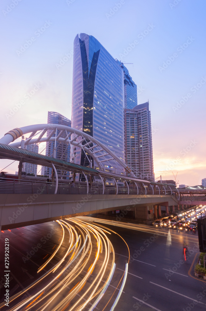 View of high buildings and public sky walk for transit between Sky Transit and Bus Rapid Transit Systems at Sathorn-Narathiwas junction View of high buildings and public sky walk for transit between Sky Transit and Bus Rapid Transit Systems at Sathorn-Narathiwas junction