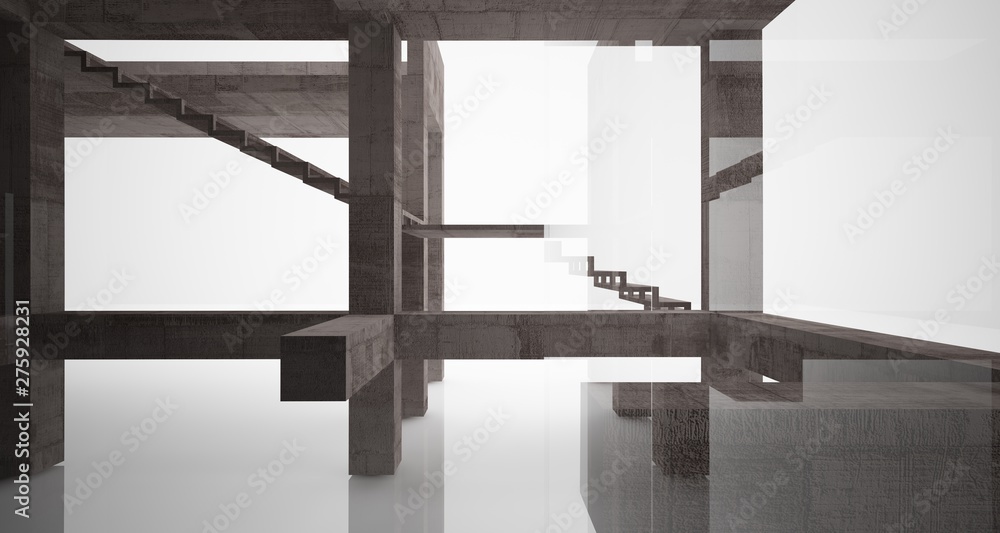 Abstract architectural concrete interior of a minimalist house with white background . 3D illustration and rendering.