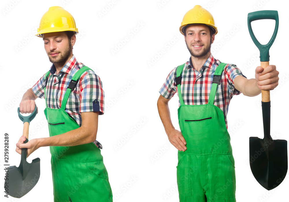 Industrial worker with shovel isolated on white Industrial worker with shovel isolated on white