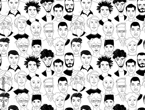 Men's head seamless pattern background grunge line drawing doodle poster