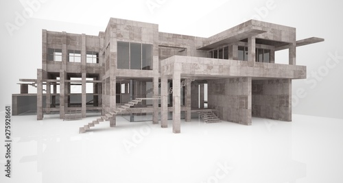 Abstract architectural concrete interior of a minimalist house with white background . 3D illustration and rendering.