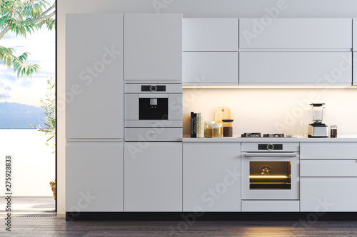 Wallpaper Mural Interior of bright modern stylish kitchen with big windows sea view. 3d rendering. Torontodigital.ca