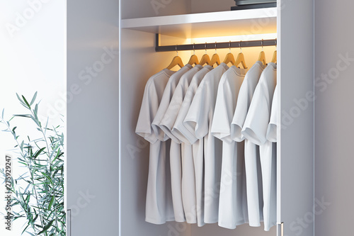 White blank t-shirt with copy space in modern cupboard. 3d rendering.