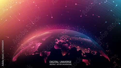 World map of the planet. Global social network. Future. Vector. Blue and violet futuristic background. Planet Earth. Internet and technology. Abstract image. Floating blue plexus geometric background.