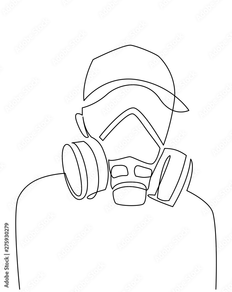 Continuous one line drawing respirator mask illustartion. Graffiti artist  in cap Stock Vector | Adobe Stock