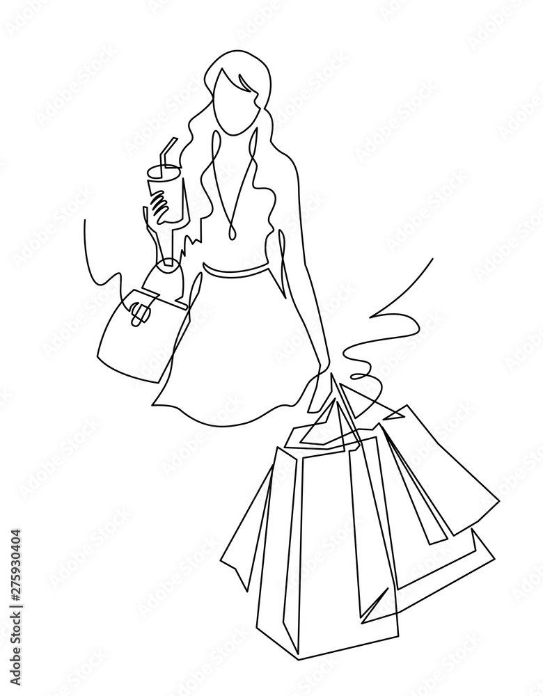 Continuous one line drawing Cute Woman with shopping bags in their hands.  Vector illustration Stock Vector | Adobe Stock