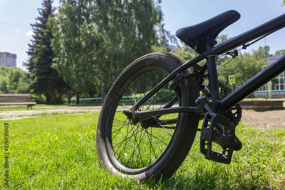 Naklejka premium Sport bike parked on grass lawn in a city, public park. Bicycle rear wheel